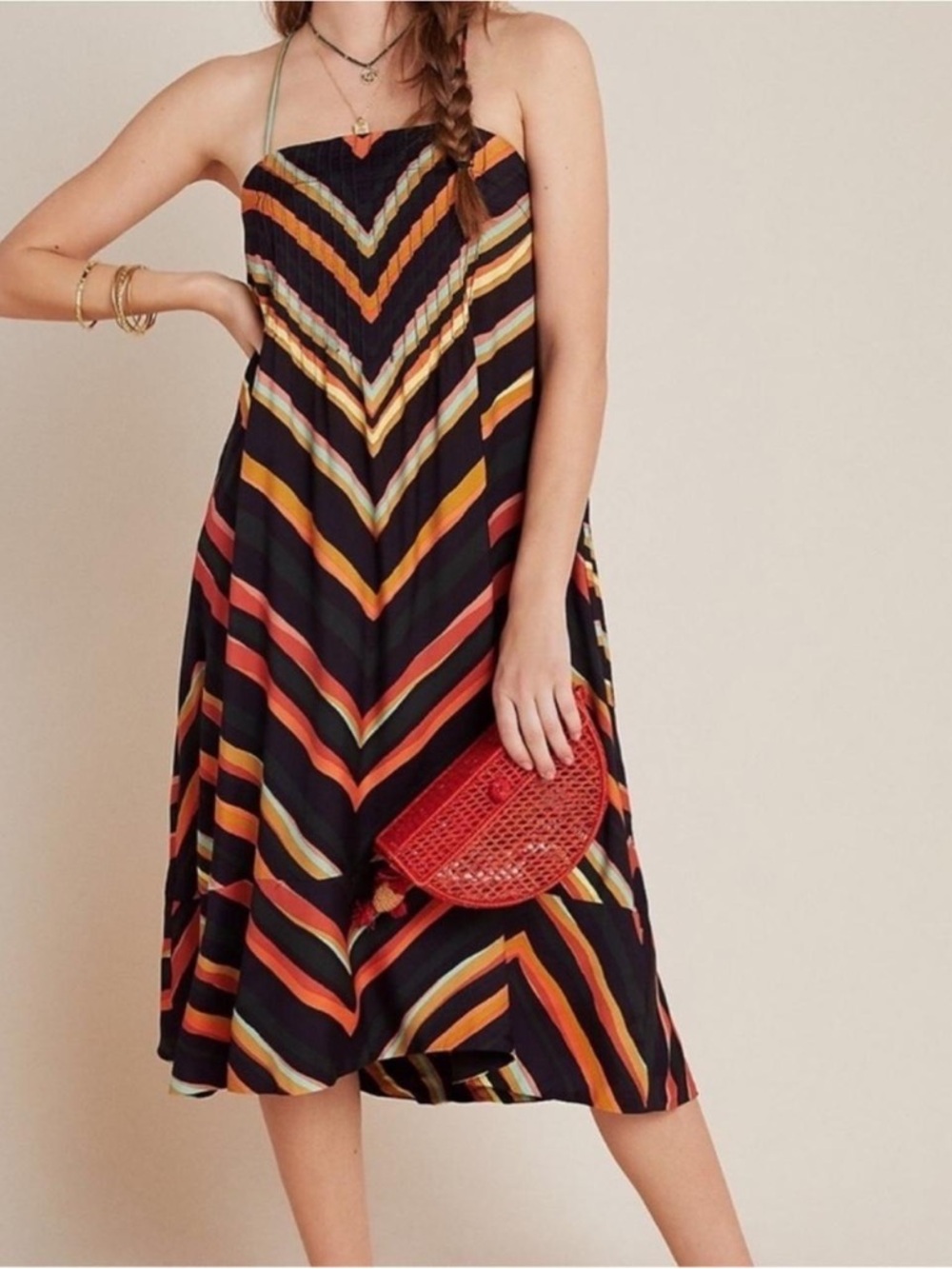 Anthropologie Black Midi Dress with Orange, Yellow & Red Chevron Stripes